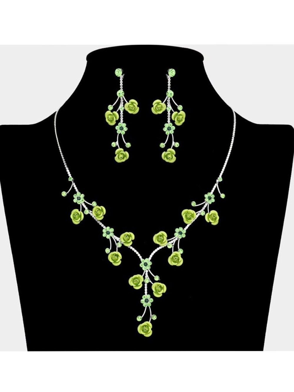 Lime Green Rose Vine Necklace and Drop Earrings Set - Women Jewelry